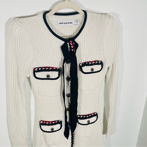 Self-Portrait Lurex Knit Dress Ivory Black Red Preppy Career Modest Trendy - Picture 6 of 15